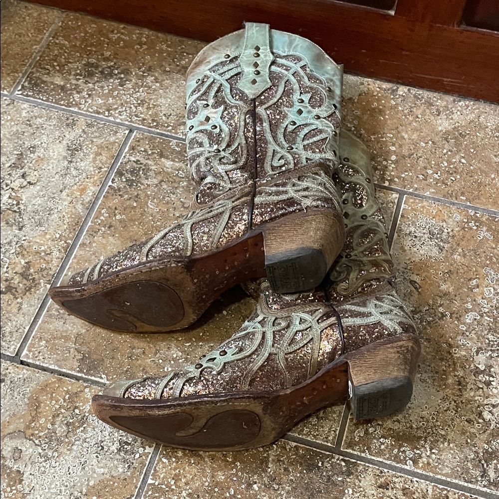 Corral Glitter Embellished Green Women's Western Boots Genuine Leather Snip Toe - Picture 8 of 8